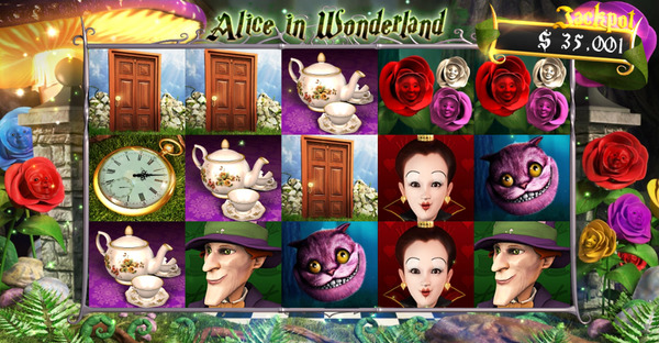 Alice in Wonderland's reel set, showing the Mad Hatter, Cheshire Cat, and Queen symbols alongside the live progressive jackpot ticker