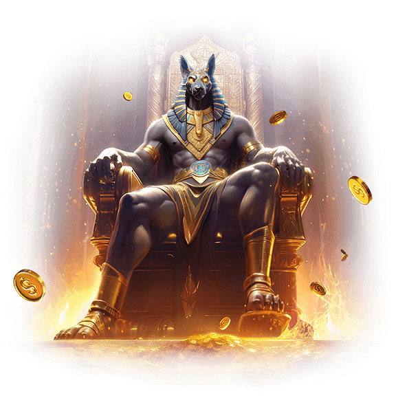 Anubis Wrath key art, featuring Anubis enthroned amid falling gold coins