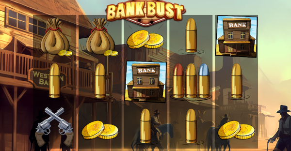 Bank Bust's reel set, showing its bank vault, gold sack, and coin symbols against a Wild West town backdrop