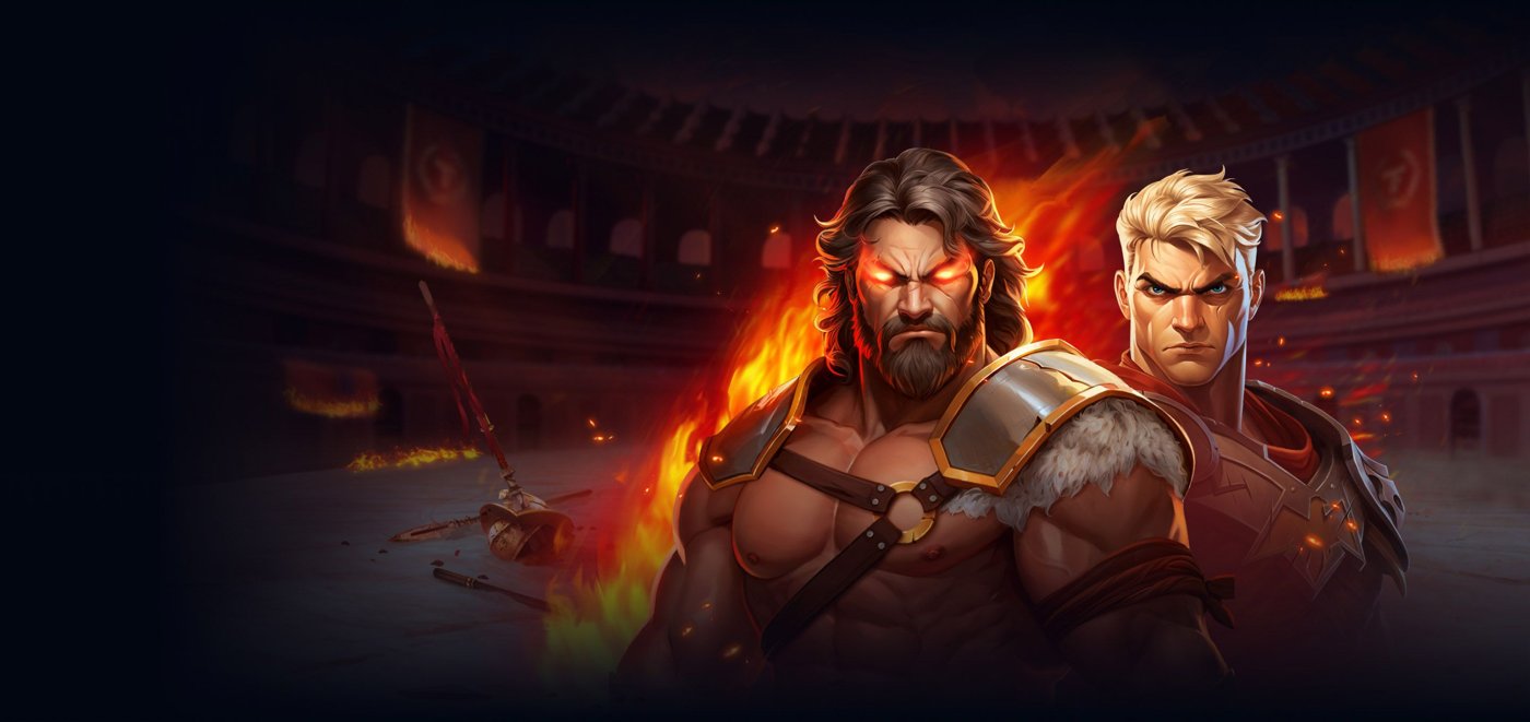 Battle Rage promotional key art, featuring the game's two gladiator brothers in a burning coliseum