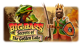 Big Bass Secrets of the Golden Lake box art, featuring the game's crowned fisherman-king character and frog mascot