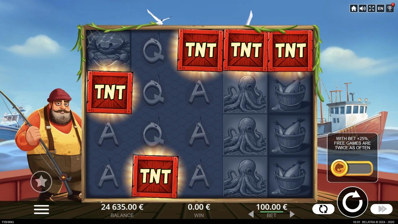 Blast the Bass in play, showing the fisherman mascot alongside TNT scatter symbols