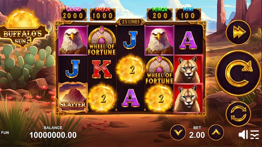 Buffalo's Sun 3's reel set, showing its Wheel of Fortune symbols and fixed Mini/Minor/Major/Grand jackpot tiers