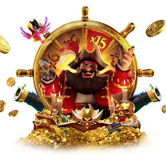Captain's Bounty promotional key art, featuring Blackbeard at the ship's wheel flanked by the game's escalating multiplier display and parrot scatter symbol