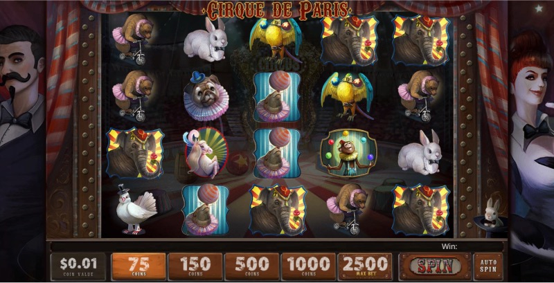 Cirque de Paris's reel set, framed by the game's big-top curtains and its cast of costumed circus animals