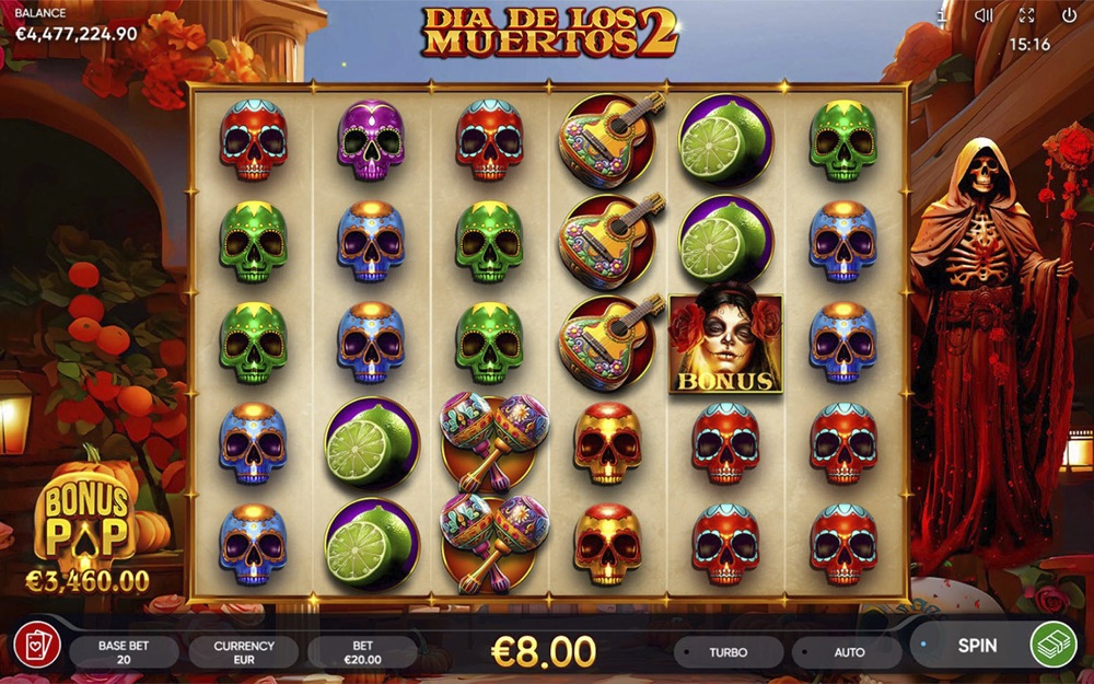 Dia de los Muertos 2's reels, showing its sugar-skull symbols and Bonus Pop buy-feature prompt