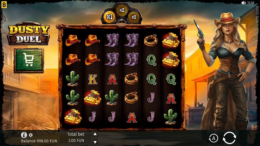 Dusty Duel in-game screenshot, showing the persistent Multiplier Reel above the grid and the game's cowgirl gunslinger character