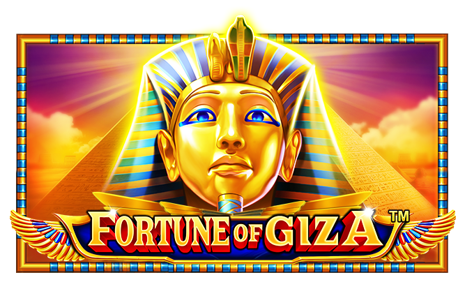 Fortune of Giza box art, featuring a golden pharaoh mask against the pyramids