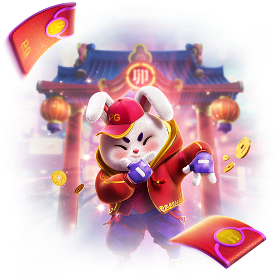 Fortune Rabbit promotional key art, featuring the game's streetwear-styled rabbit mascot with red envelopes and gold coins in front of a temple gate