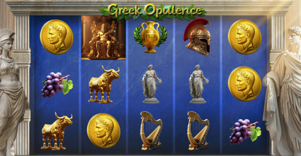 Greek Opulence's reel set, showing its statue, coin, and Greek-artifact symbol set