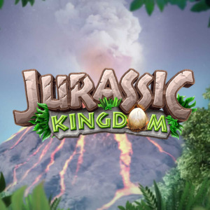 Jurassic Kingdom key art, featuring the game's logo against a smoking volcano backdrop