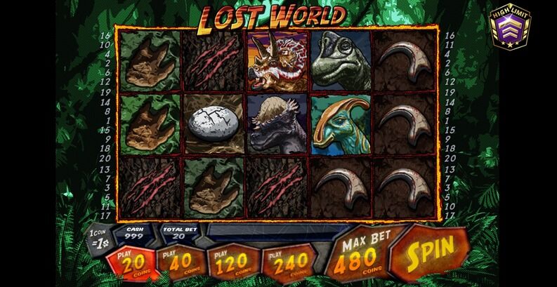Lost World's reel set, showing its dinosaur symbol set and jungle backdrop, with the High Limit configuration's 20-480 coin bet buttons visible