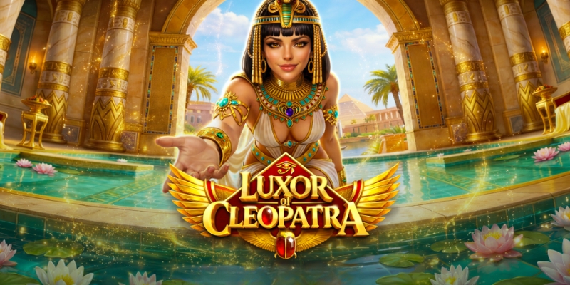 Luxor of Cleopatra promotional key art, featuring Cleopatra beside a poolside Egyptian palace backdrop