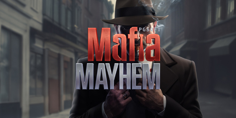Mafia Mayhem promotional key art, featuring the game's cigar-smoking mob boss on a foggy city street