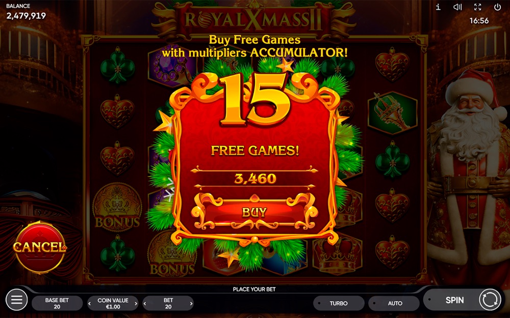 Royal Xmass II's reels and Bonus Pop buy-feature prompt, showing the game's ornament and crown symbols
