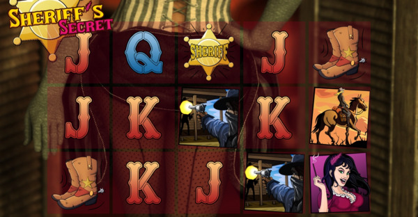 Sheriff's Secret's reel set, showing its sheriff's badge wild, gunfighter, and saloon-girl symbols