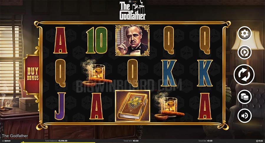 The Godfather in-game screenshot, showing the book symbol (acting as both wild and scatter) alongside the game's licensed film branding