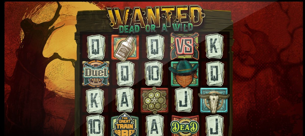 Wanted Dead or a Wild in-game screenshot, showing the grid's VS, Duel, Great Train Robbery, and Wild symbols