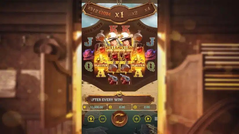 Wild Bounty Showdown in-game screenshot, showing the diamond-shaped 3,600-ways grid and the doubling multiplier meter climbing toward x1,024