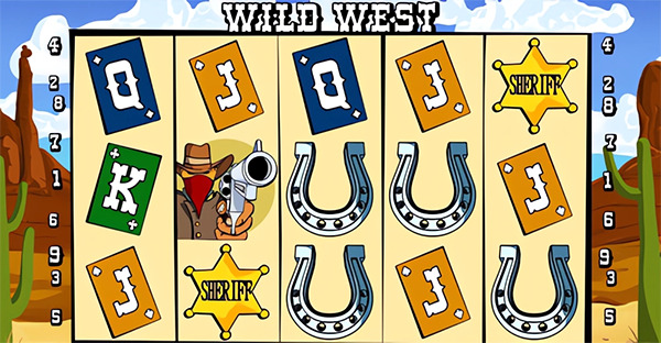 Wild West's reel set, showing its cowboy wild, sheriff's badge, and horseshoe symbols